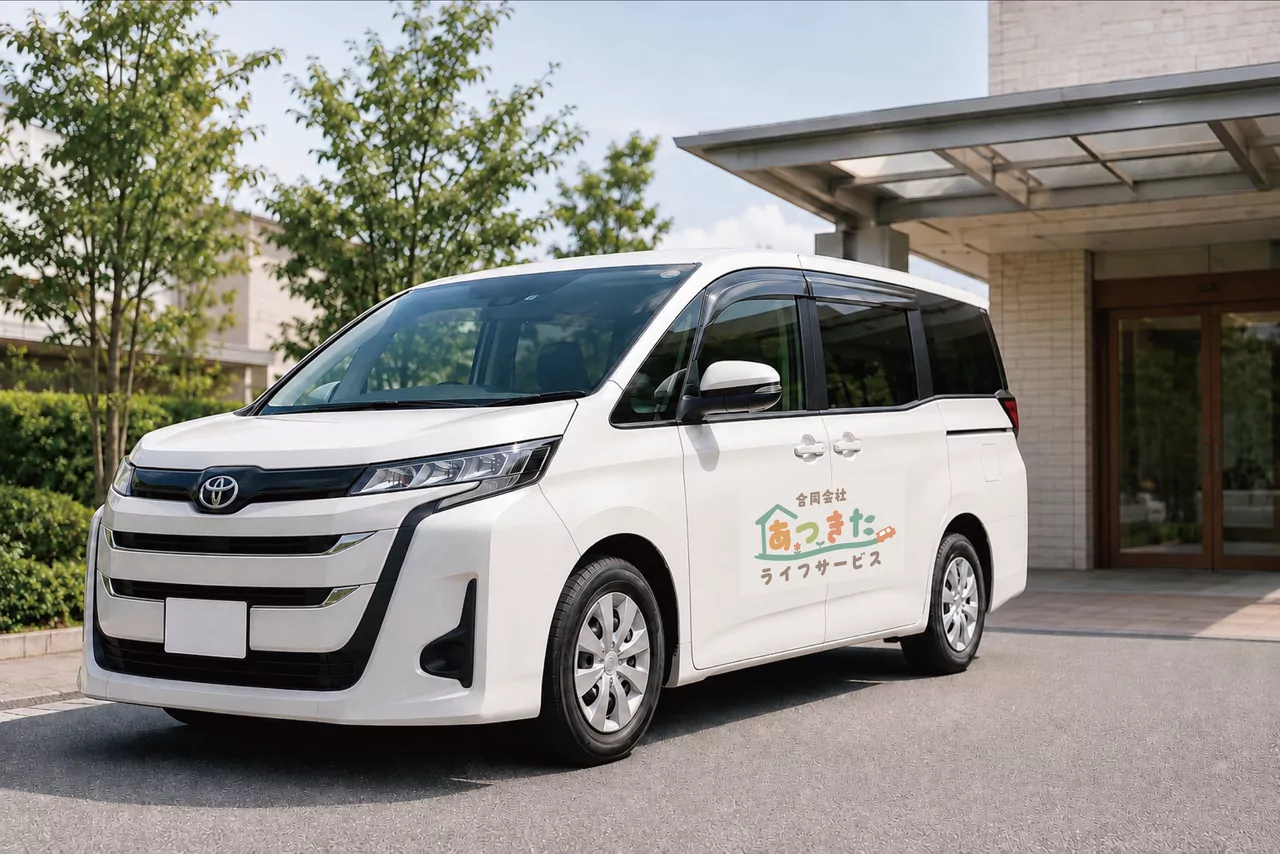 あつきたライフサービスのロゴが入った介護タクシー車両（トヨタ・ノア）