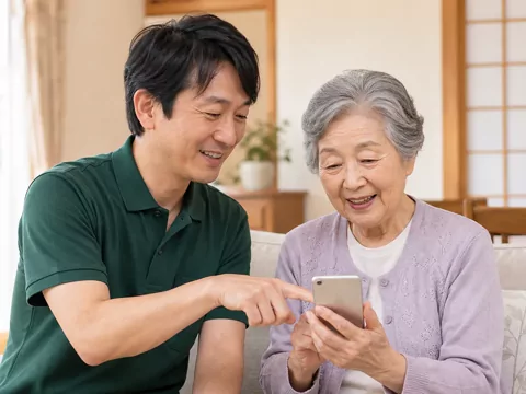 スタッフがスマートフォンの使い方をご案内する様子